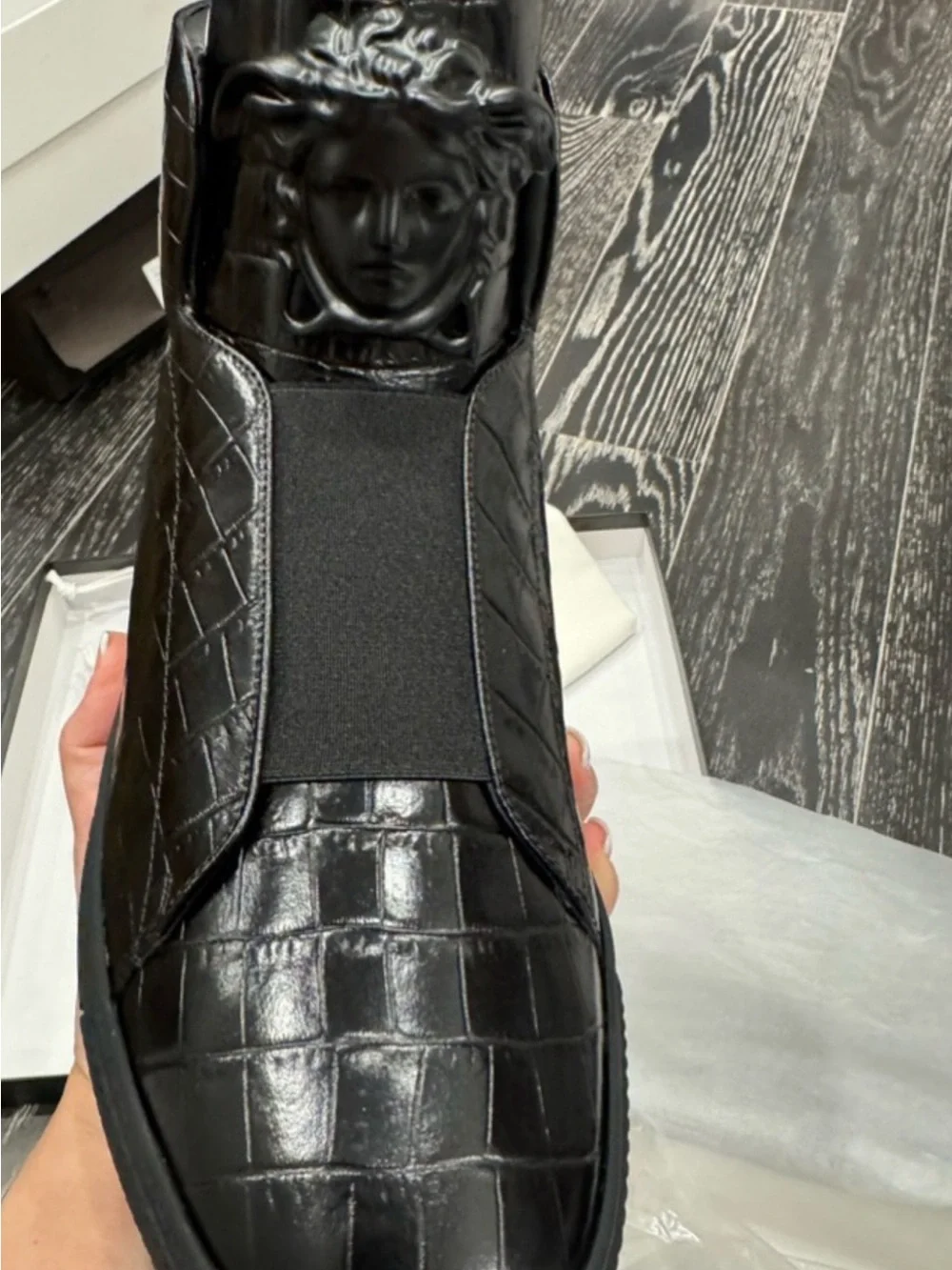 Versace Black Croc-Embossed Slip-On Loafer with Medusa Detail